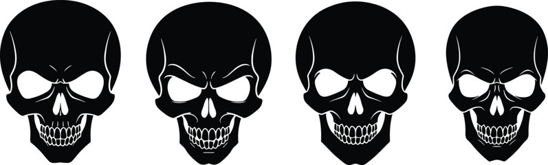 Black skull vector illustration set, human skull silhouettes, scary 