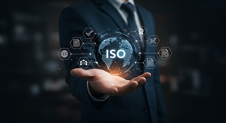 Business Professional Holding a Globe with ISO Logo