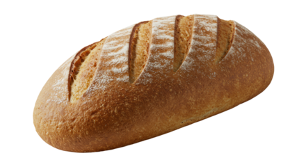 Perfectly baked artisanal loaf with golden-brown, scored crust on minimalist white surface under soft natural light, conveying natural goodness and simple pleasure