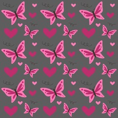Seamless Butterfly and Heart Pattern on Grey Background