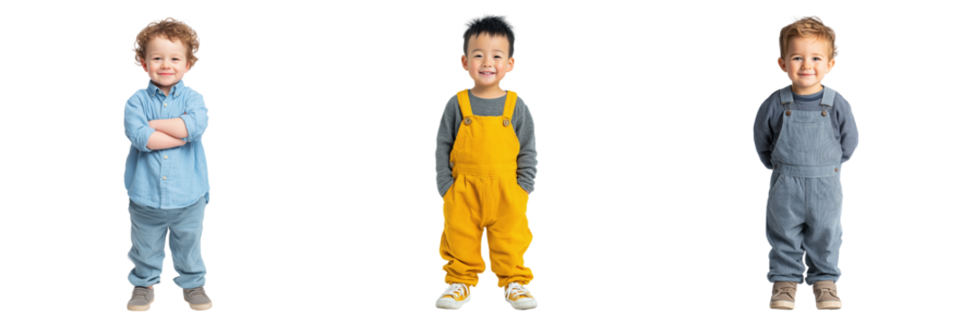 Set of young boy stands in front of the camera isolated on a transparent background