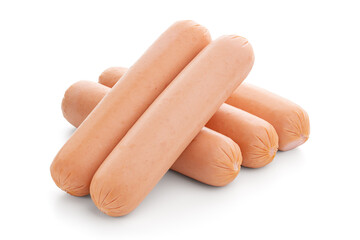 Fresh raw sausages falling on white background. Food.