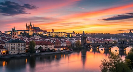 Naklejka premium Panoramic sunset view of Prague Castle and Charles Bridge over Vltava River