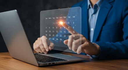 A person in a blue suit interacting with a transparent calendar on a laptop screen