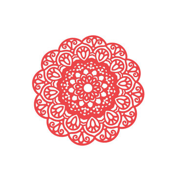 Red Circular Lace Mandala Pattern Isolated on Transparent Background