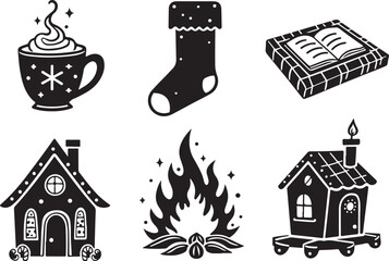 Naklejka premium Cozy Christmas icons warm drink stocking book campfire and houses