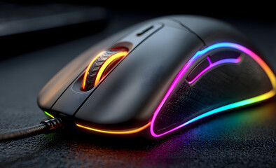 Close-up of an rgb gaming mouse featuring vibrant backlighting and sleek design ideal for competitive gaming or tech setups Vibrant Rim Light technology vibrant background colorful modern