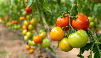 Vibrant tomato assortment growing on lush vines in an agricultural greenhouse setting