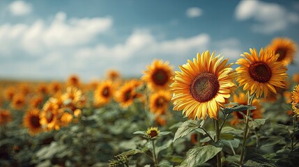 Obraz premium A field of sunflowers is blooming under a bright sky. The flowers face the sun.