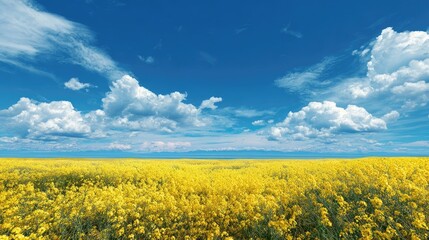 Obraz premium A field of bright yellow flowers spreads out beneath a clear blue sky, littered with natural clouds. The atmosphere is peaceful and beautiful in spring.