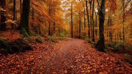 Obraz premium An autumn forest with fallen leaves covering the ground, the path looks peaceful and charming.