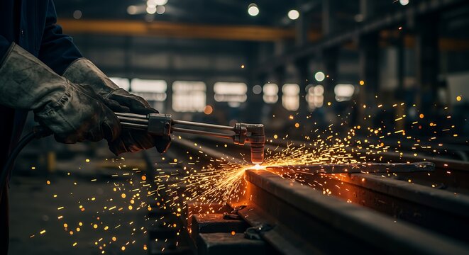 Metal cutting in a workshop with a welding torch, Sparks flying in an industrial workshop as metal is cut with a welding torch