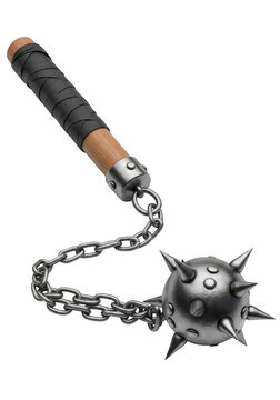 Medieval spiked flail weapon with wooden handle isolated on a transparent background