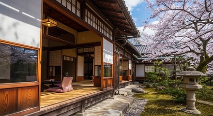 Traditional Japanese house with open sliding doors overlooking a garden with cherry blossoms in full bloom.