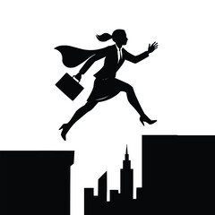 Dynamic silhouette of a determined businesswoman leaping across a gap with a briefcase and cape symbolizing success and ambition silhouette