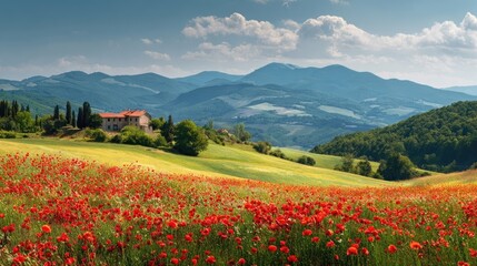 A vast field of red poppies stretches all the way to the hillside, with a house perched on the hillside surrounded by lush greenery and mountains.