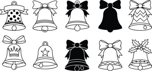 Christmas bell icon set, festive holiday clipart with ribbons and decoration