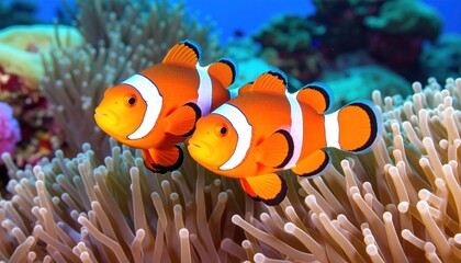 Vibrant clownfish duo amidst the coral garden teeming with life underwater