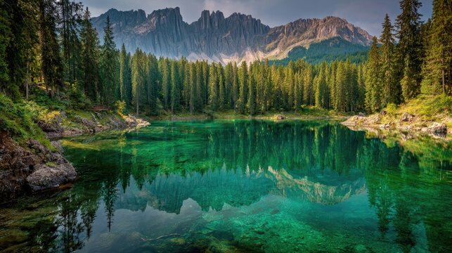 An emerald green lake reflecting off a mountain range and majestic pine trees creates a scene reminiscent of sunrise or sunset, with the light beautifully illuminating the mountain range. - Powered by Adobe