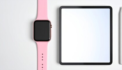 Digital lifestyle mockup featuring pink smartwatch tablet and stylus on white surface