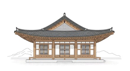 Obraz premium Illustration of a traditional Korean building with a tiled roof, wooden structure, and mountain backdrop.