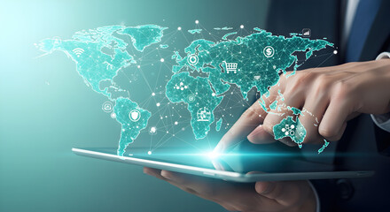 Man Holds Teal Digital World Map on Tablet Emphasizing Global Connection and Modern Technology with a Bright Light Effect