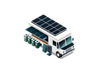 Isometric illustration of a white food truck with solar panels on the roof, a menu board, and recycling bins.