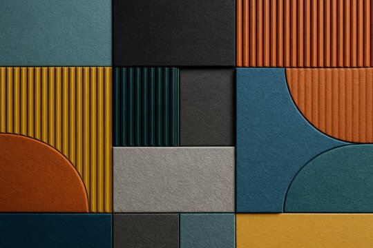 Geometric composition of colorful textured acoustic panels for modern interior design