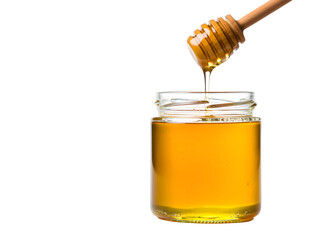 Golden honey pouring from a wooden honey dipper into a clear glass jar against a black background.