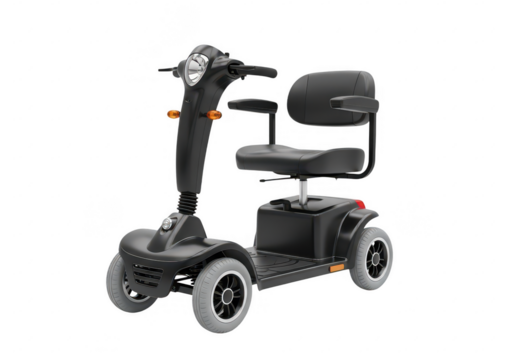 Black four wheel medical scooter with padded seat isolated on a transparent background