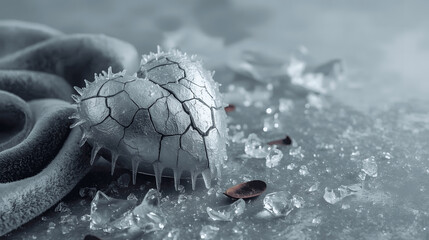A frozen heart, shattered and surrounded by ice and rose petals, conveys a poignant message.