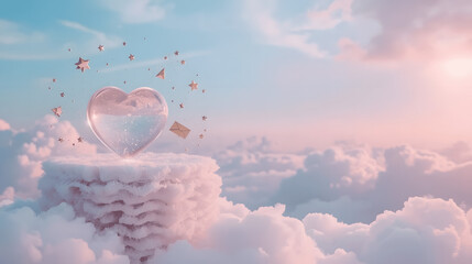 A dreamy heart-shaped glass orb floats amidst soft clouds and stars in a pastel sky.