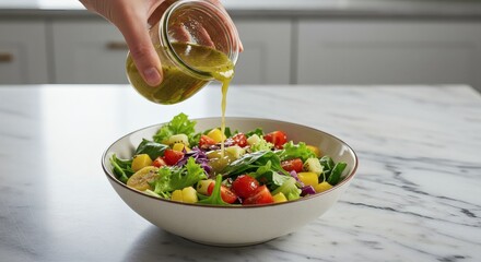 Preparing a healthy meal by pouring a zesty homemade vinaigrette from a jar onto a fresh, colorful vegetable salad in a kitchen.