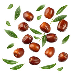 set of jujube falling in the air with leaves on white background png