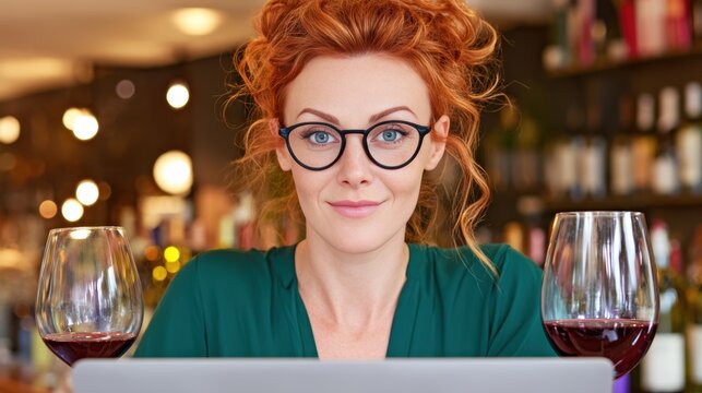 Woman with red curly hair and glasses working on a laptop in a cozy cafe setting - Powered by Adobe