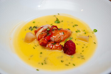 Gourmet lobster dish with saffron sauce and fresh garnish for culinary presentation