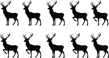 Deer silhouette set with antlers, majestic stag vector illustration for wildlife desi
