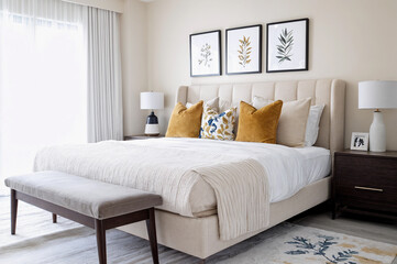 Stylish and modern bedroom featuring neutral colors, comfortable bedding, and decorative accents in a bright and airy apartment setting