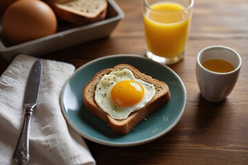 Fototapeta premium Morning Breakfast with Toast, Eggs, and a Glass of Orange Juice