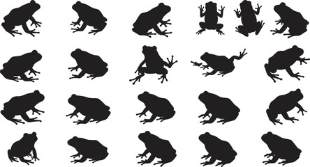  Frog silhouettes collection, black amphibian vector icons in various poses