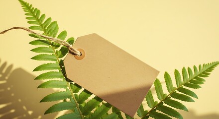 A Brown Tag on a Fern in Front of a Yellow Background