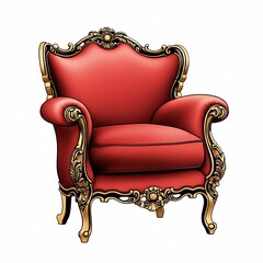 A luxurious red baroque armchair with golden carved details,