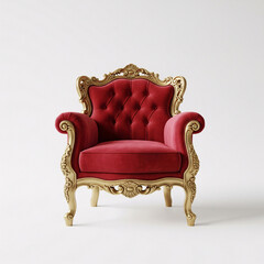 A luxurious red baroque armchair with golden carved details,