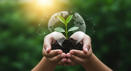 Hands holding a young plant with a digital globe overlay against a green background sapling