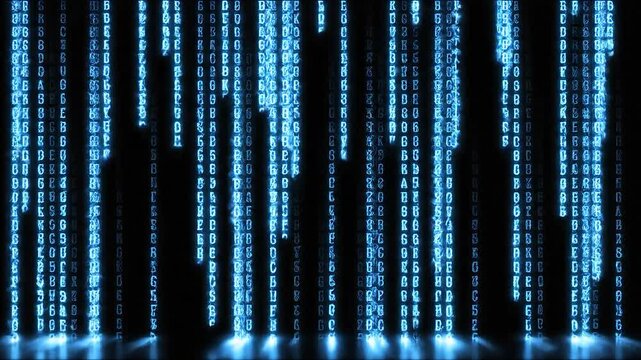 Futuristic digital rain of glowing blue characters falling on black background representing data stream and cyber technology