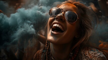 Levity and laughter woman bursting through color smoke