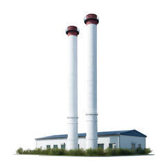 Industrial power plant with two tall smokestacks against a white isolated background, representing energy production and infrastructure development.