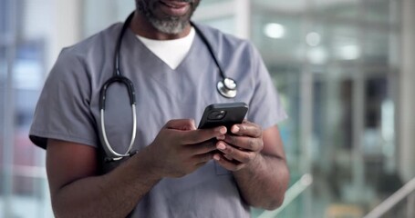 Hands, doctor and man in hospital, cellphone and typing with connection, telehealth or email. Smartphone, cardiology or professional in clinic, wellness or digital app for online schedule and surgeon - Powered by Adobe