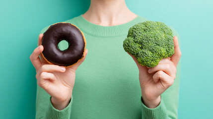 Choosing between a sweet donut and healthy broccoli to promote balanced eating habits and decision-making in food choices for better health and well-being