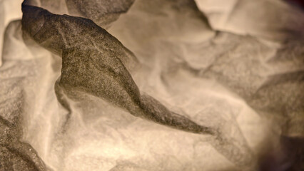Close-up view of crumpled tissue with fine patterns, uneven lighting
